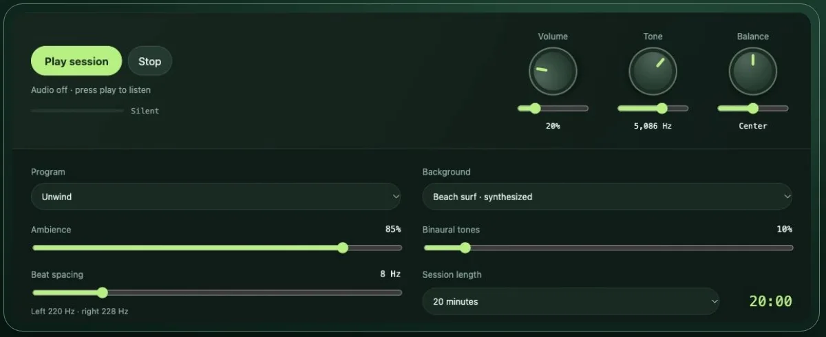 Rayline controls with the Unwind program, beach surf background, 85% ambience, 8 Hz beat spacing and a 20:00 timer.